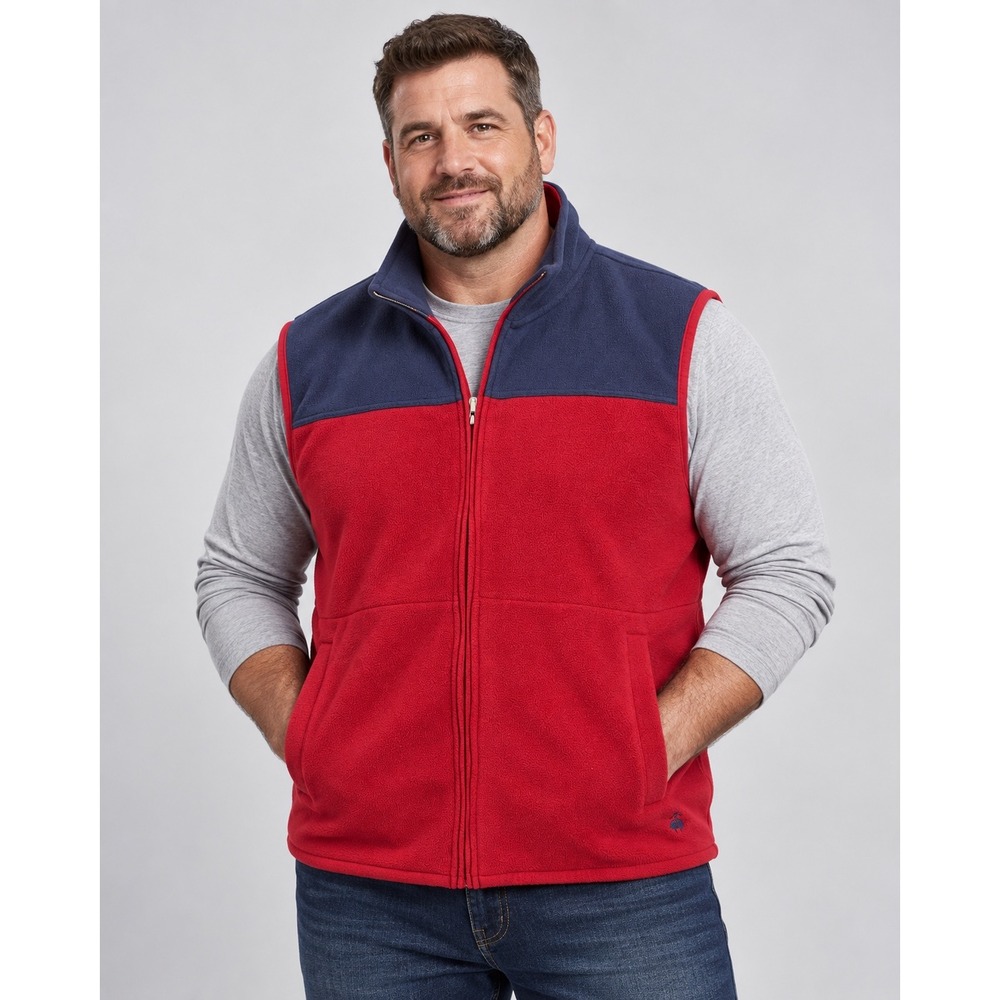 Brooks Brothers 346 Mens XXL Fleece Vest Red Navy Blue Colorblock Full Zip Logo